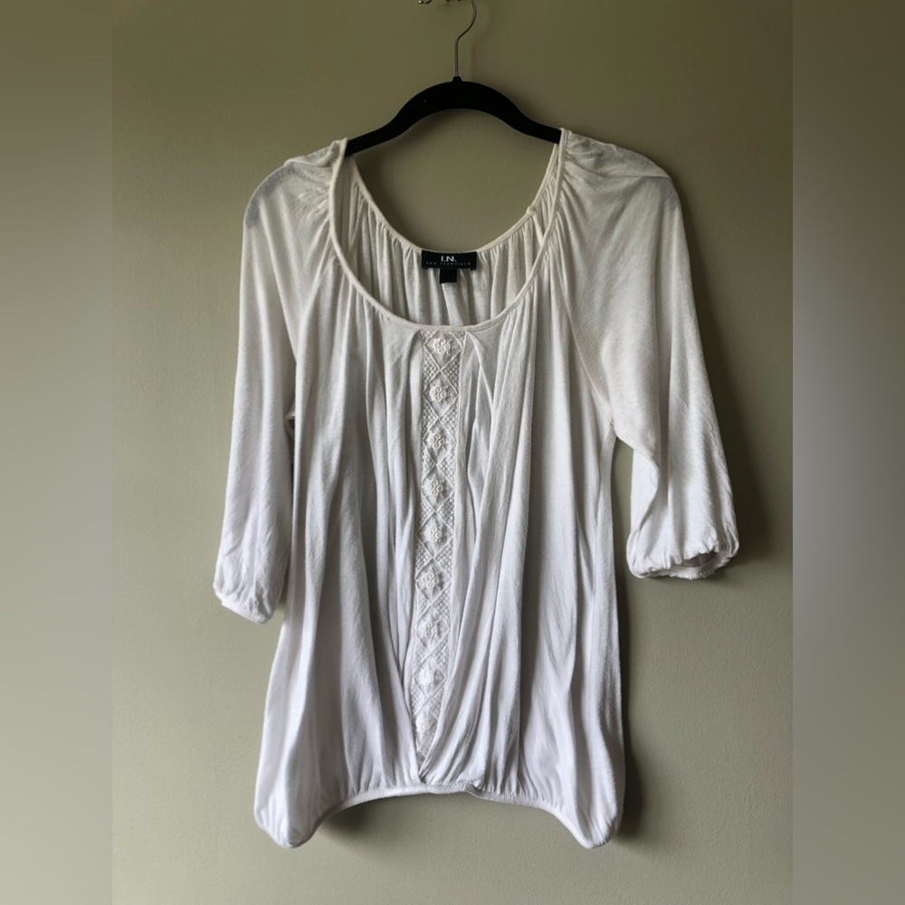 I.N. San Francisco | White Blouse with Crochet Ribbon On the Front
